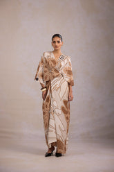 Beige kaftan dress for women in French Moss fabric with abstract print and relaxed resort wear silhouette