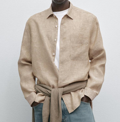 Beige cotton linen blend shirt men in a beige full sleeve linen shirt with a collared regular fit for summer.