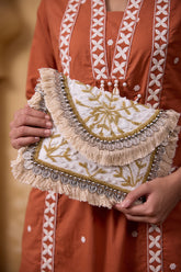 Cream beaded fabric clutch bag showcasing a cream boho clutch for women styled as a premium beaded evening purse.