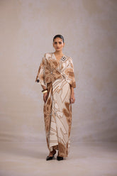 Beige kaftan dress for women in French Moss fabric with abstract print and relaxed resort wear silhouette