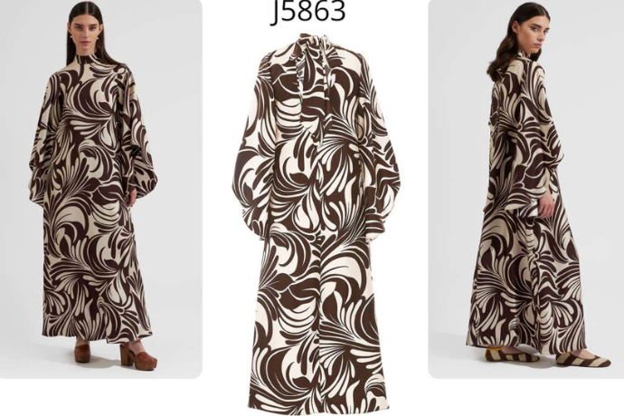 Bell sleeve maxi dress for women with brown beige print and elegant A line silhouette