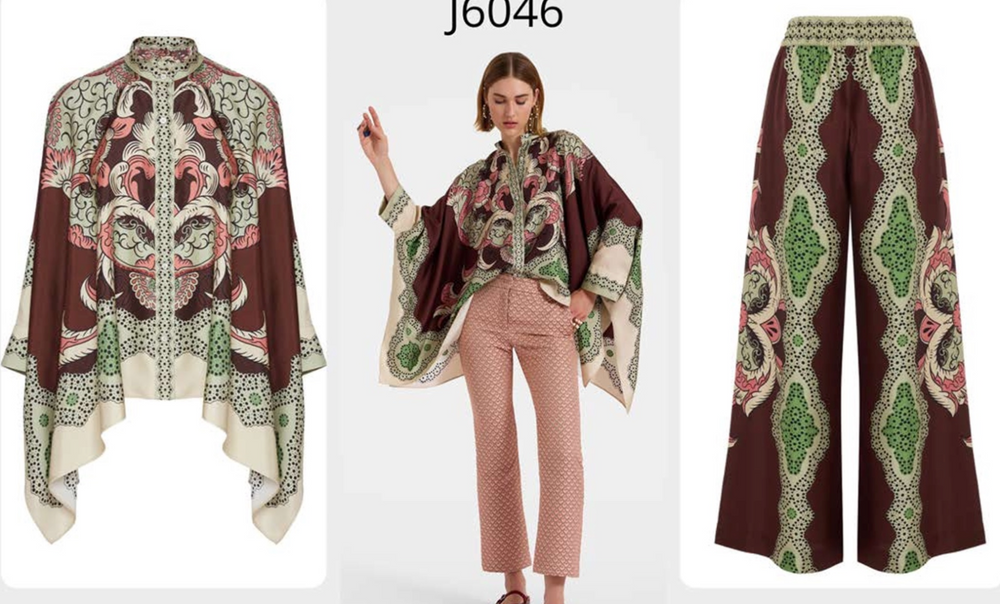 Multicolour co-ord set for women in Roman Silk Blend with digital print and full sleeve design
