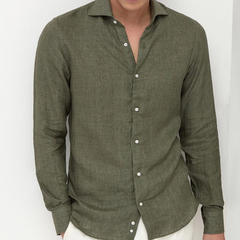 Olive cotton linen blend shirt men showcasing a men's olive green lightweight linen shirt design for a collared vacation shirt look.