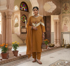 Orange embroidered suit set showcasing an orange kurta pant set with dupatta made from pure cotton salwar suit fabric.
