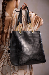 Premium black PU leather tote bag for women with zip closure spacious everyday office tote bag