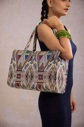Stylish green woven jacquard tote bag for women with zip closure spacious textured fabric tote bag for everyday use