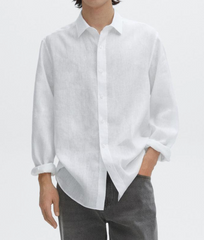 White cotton linen shirt for men full sleeve regular fit breathable linen blend casual summer shirt