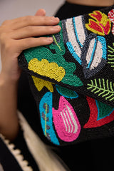 Boho Beaded Clutch Bag  - Black