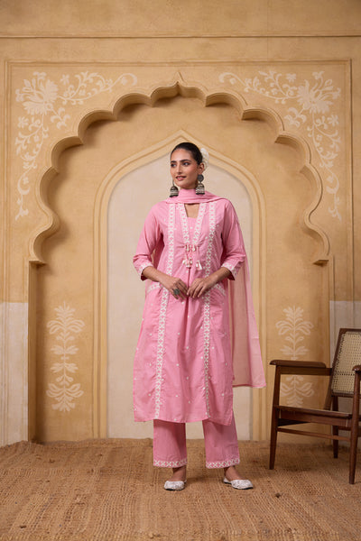 Boho Style Embroidered Kurta Set – Pink