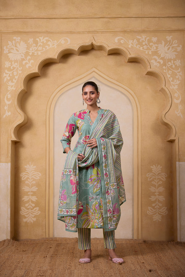 Digital Floral Print Kurta Set – Green
