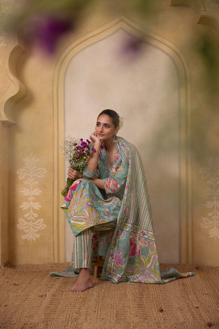 Digital Floral Print Kurta Set – Green