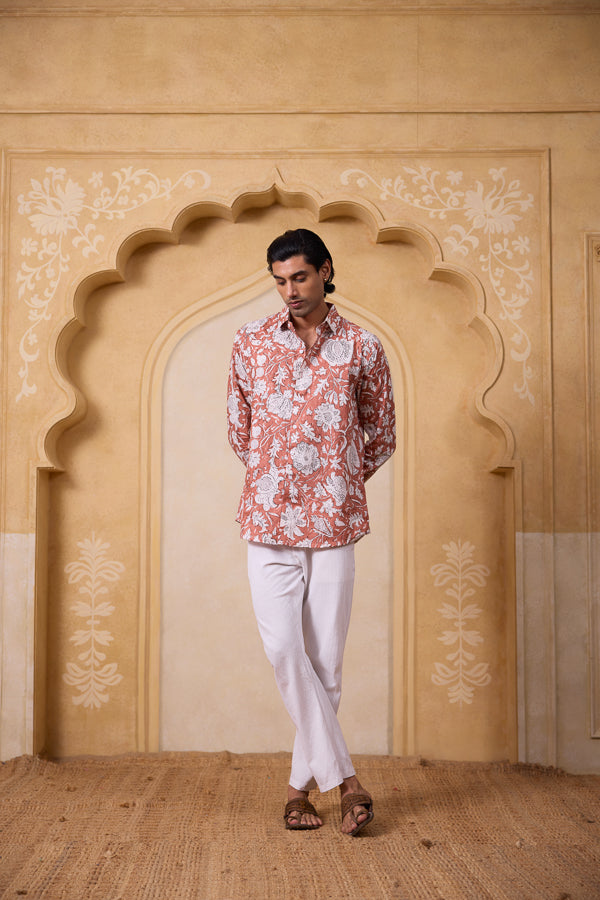 Men's Block Printed Shirt - Peach