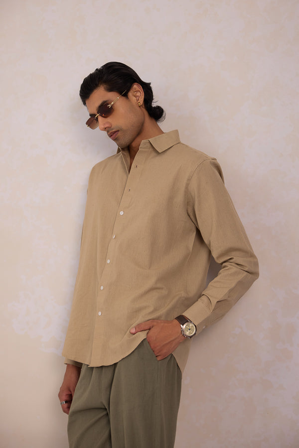 Beige cotton linen blend shirt men in a beige full sleeve linen shirt with a collared regular fit for summer.