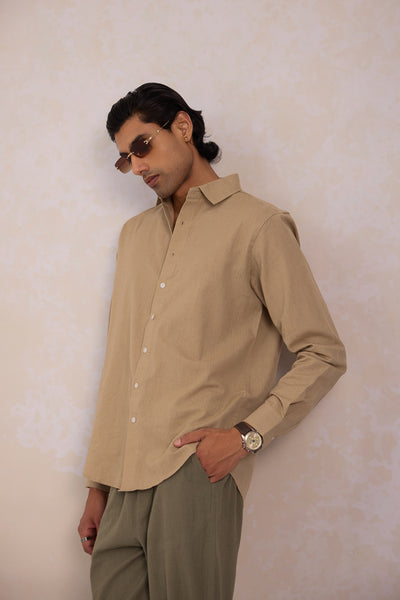 Beige cotton linen blend shirt men in a beige full sleeve linen shirt with a collared regular fit for summer.