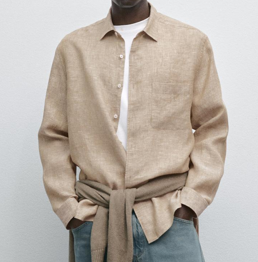 Beige cotton linen blend shirt men in a beige full sleeve linen shirt with a collared regular fit for summer.          