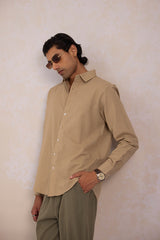 Beige cotton linen blend shirt men in a beige full sleeve linen shirt with a collared regular fit for summer.