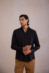 Black cotton linen shirt for men with full sleeves regular fit breathable linen blend casual shirt