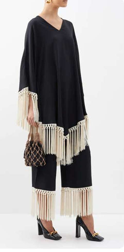 Black co-ord set for women in fluid crepe featuring tassel detailing and V neck design 