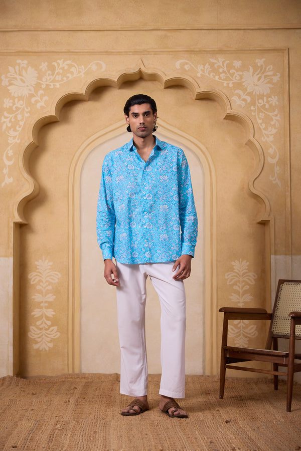  Blue block printed full sleeve shirt showcasing a men's blue cotton full sleeve shirt designed as a blue block print shirt for casual outings.