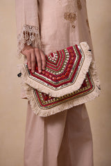 Red beaded fabric clutch bag showcasing a red boho clutch for women styled as a premium red ethnic evening purse.
