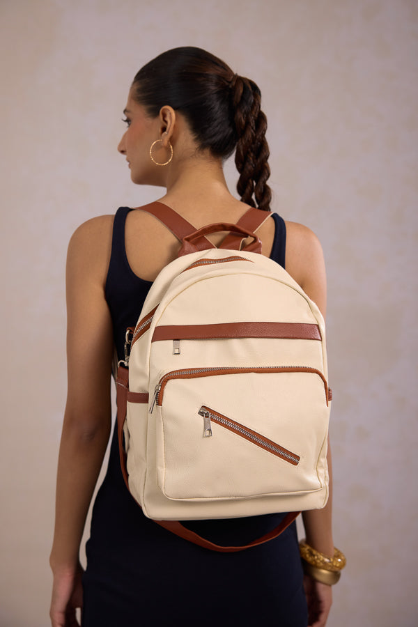 Off White Everyday Bag with multiple compartments secure zip closure casual travel backpack