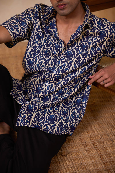 Dark Blue block printed shirt for men showcasing a men's dark blue half sleeve cotton shirt with a unique block print detailing look for summer.