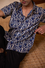 Dark Blue block printed shirt for men showcasing a men's dark blue half sleeve cotton shirt with a unique block print detailing look for summer.