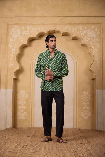 Green block printed cotton shirt showcasing a men's green full sleeve shirt designed as a green block print shirt for office wear.
