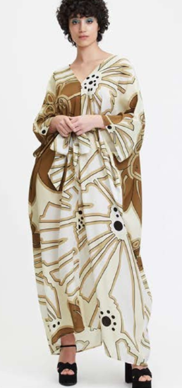 Beige kaftan dress for women in French Moss fabric with abstract print and relaxed resort wear silhouette 