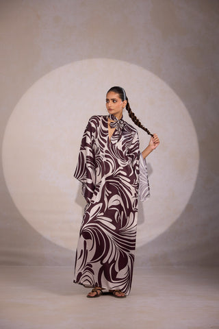 Bell sleeve maxi dress for women with brown beige print and elegant A line silhouette
