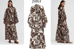 Bell sleeve maxi dress for women with brown beige print and elegant A line silhouette