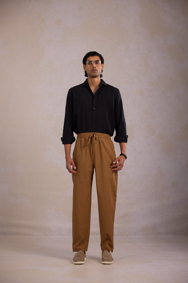 Mustard relaxed fit cotton linen trousers showcasing mustard trousers for men with a comfortable style made for casual outings.