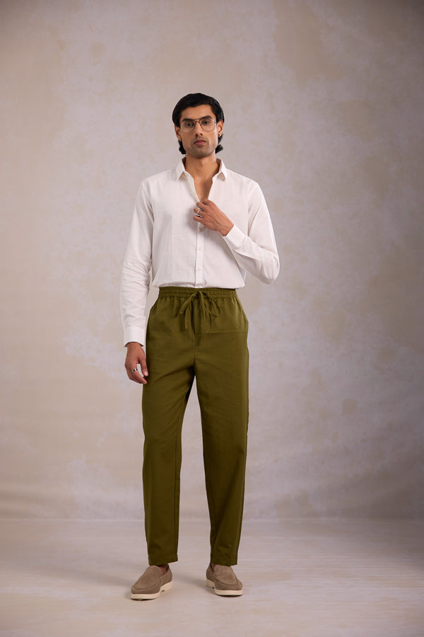  Olive cotton linen trousers for men showcasing olive men's trousers with drawstring and a comfortable cotton linen pyjama design for daily wear.