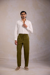  Olive cotton linen trousers for men showcasing olive men's trousers with drawstring and a comfortable cotton linen pyjama design for daily wear.