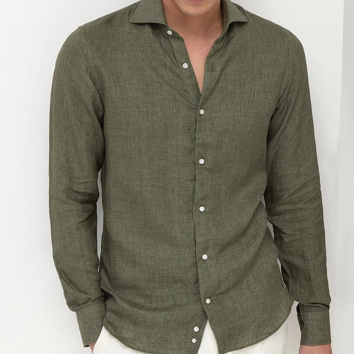  Olive cotton linen blend shirt men showcasing a men's olive green lightweight linen shirt design for a collared vacation shirt look.        