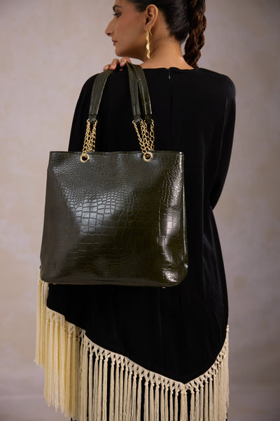 Olive PU leather tote bag for women with zip closure spacious office and everyday tote bag 