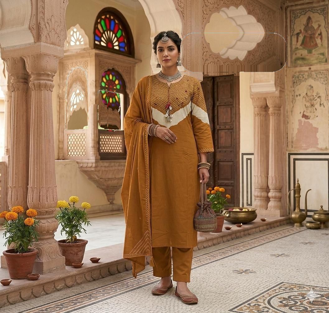 Orange embroidered suit set showcasing an orange kurta pant set with dupatta made from pure cotton salwar suit fabric.