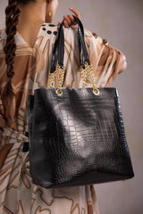 Premium black PU leather tote bag for women with zip closure spacious everyday office tote bag     