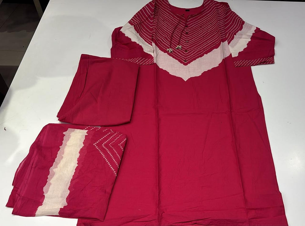  Red cotton bandhani suit set for women showcasing a magenta red kurta set with dupatta designed as a 3 piece pure cotton suit.