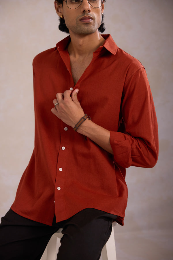 Rust cotton linen blend shirt men showcasing a men's rust earthy tone linen shirt with a collared smart casual shirt design for summer.   