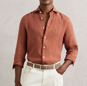 Rust cotton linen blend shirt men showcasing a men's rust earthy tone linen shirt with a collared smart casual shirt design for summer.    