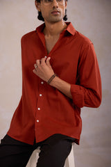 Rust cotton linen blend shirt men showcasing a men's rust earthy tone linen shirt with a collared smart casual shirt design for summer.   