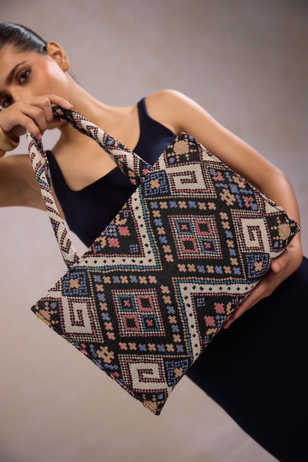 Stylish multicolor woven jacquard tote bag for women with zip closure spacious textured fabric tote bag for everyday use  