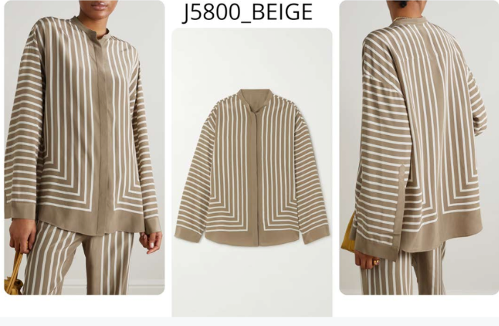 Beige striped co-ord set with pockets in fluid crepe featuring full sleeves and relaxed fit 