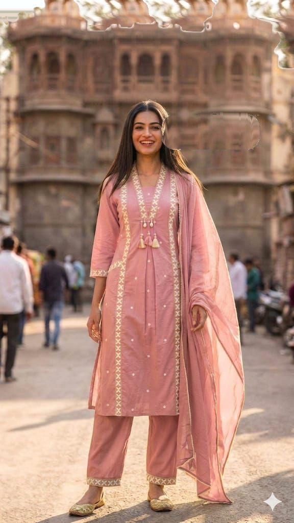 Boho Style Embroidered Kurta Set – Pink
