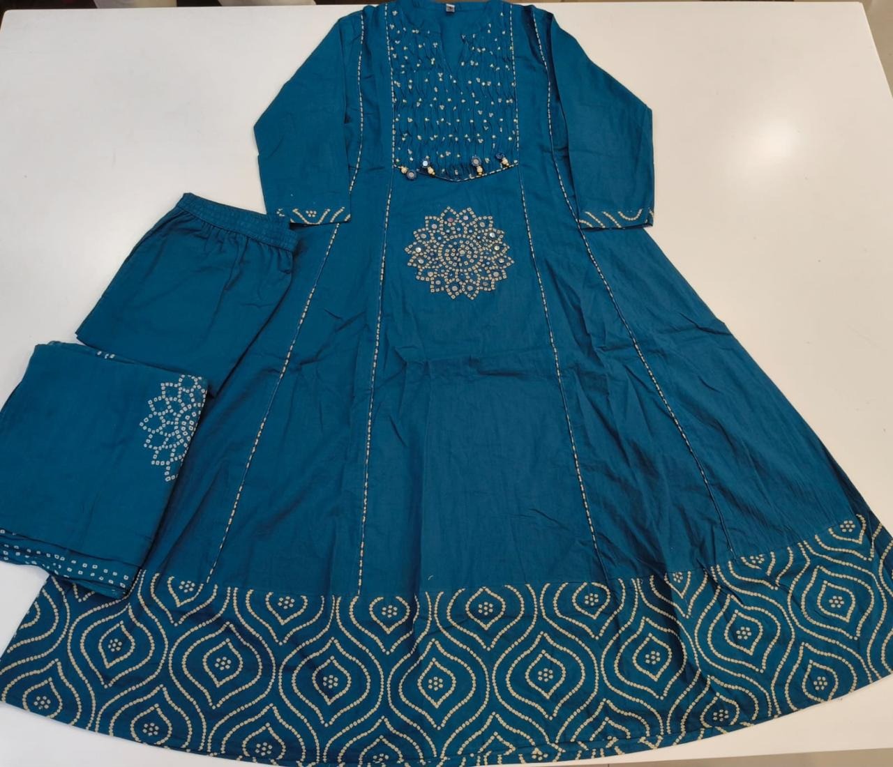 Bandhani Print Pure Cotton Anarkali Suit Set – Teal Blue